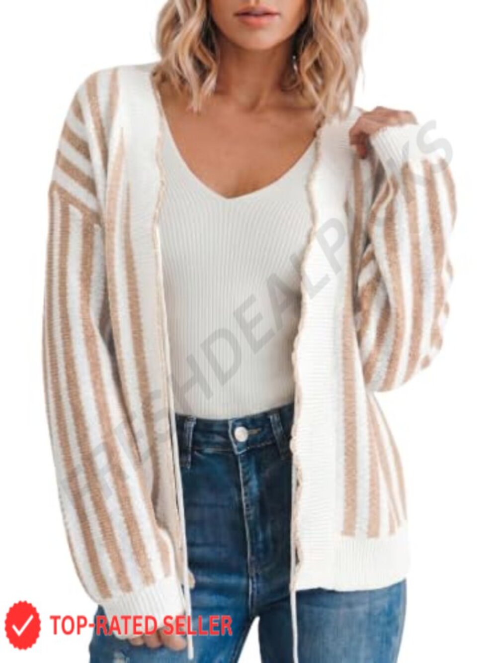 Striped Cardigan Sweater Women Fall Long Sleeve Scalloped Tie Knit